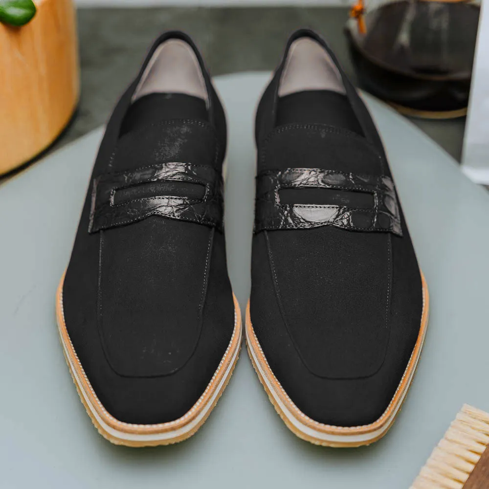 11-020-BLK MEO 3 Sueded Goatskin Penny Loafer, Black