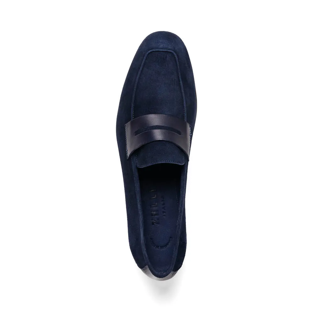 16-672-NVY Tippa Suede & Calfskin Penny Loafers Navy