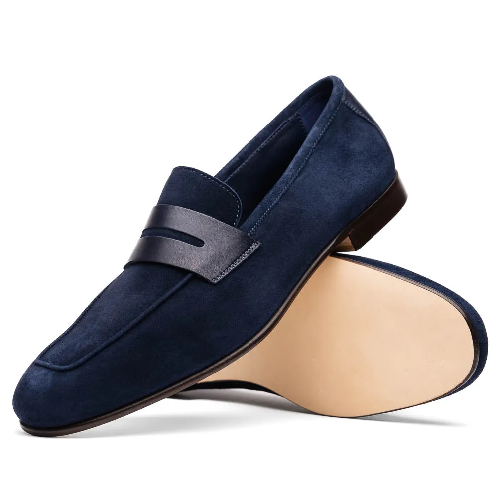 16-672-NVY Tippa Suede & Calfskin Penny Loafers Navy