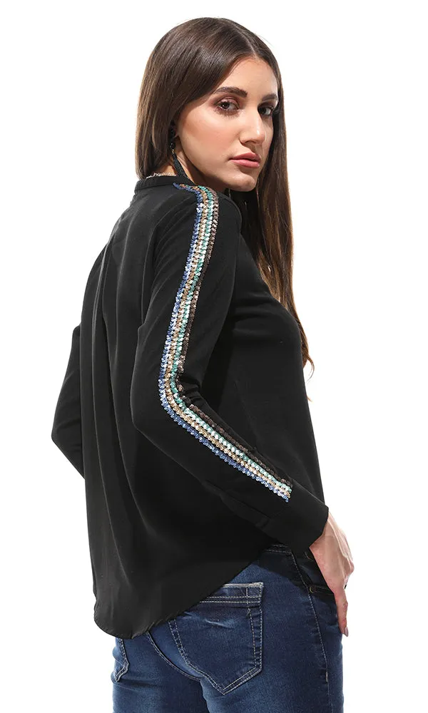 47170 Sequins Sleeves Buttoned Black Shirt