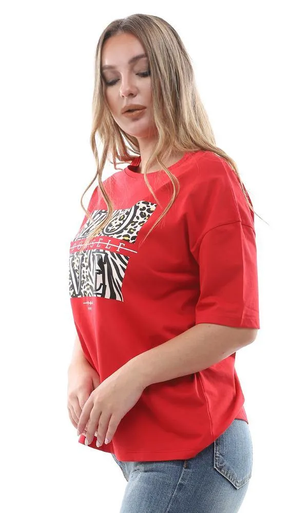 94871 "Love Yourself " Printed Loose Fit Red Top