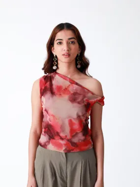 Abstract Printed One Twisted Shoulder Top