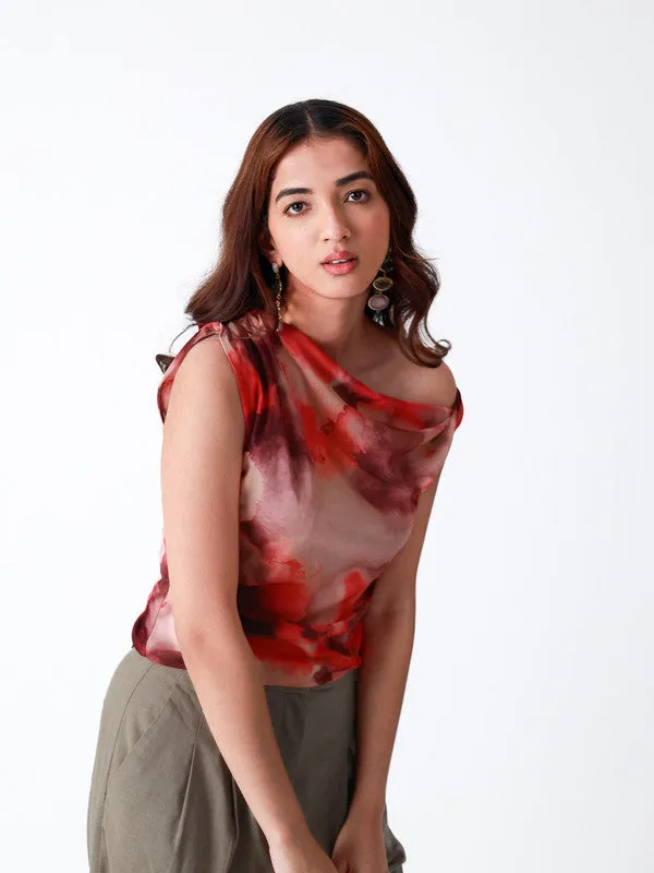 Abstract Printed One Twisted Shoulder Top