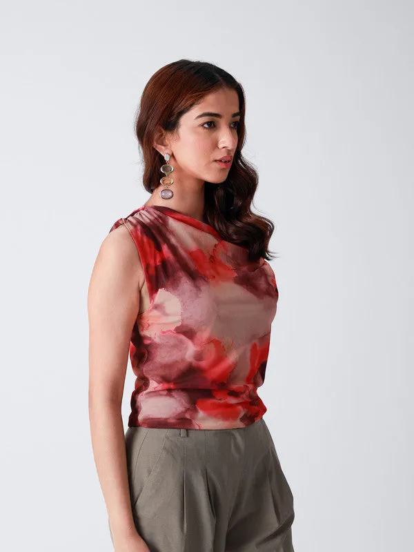 Abstract Printed One Twisted Shoulder Top