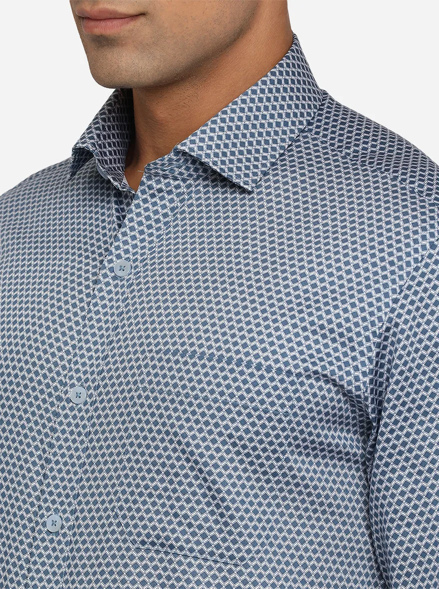 Allure Blue Printed Slim Fit Formal Shirt | Metal