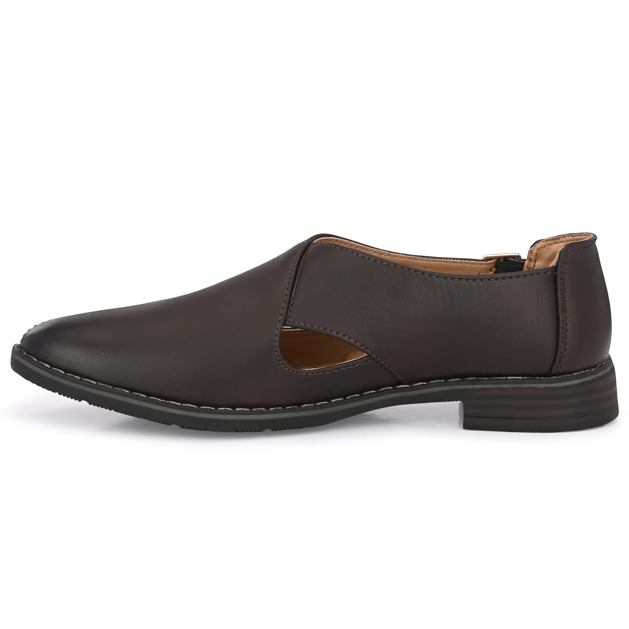 Attitudist Unisex Handcrafted Criss Cross Matte Brown Formal Loafer Peshawari Shoes With A Buckle