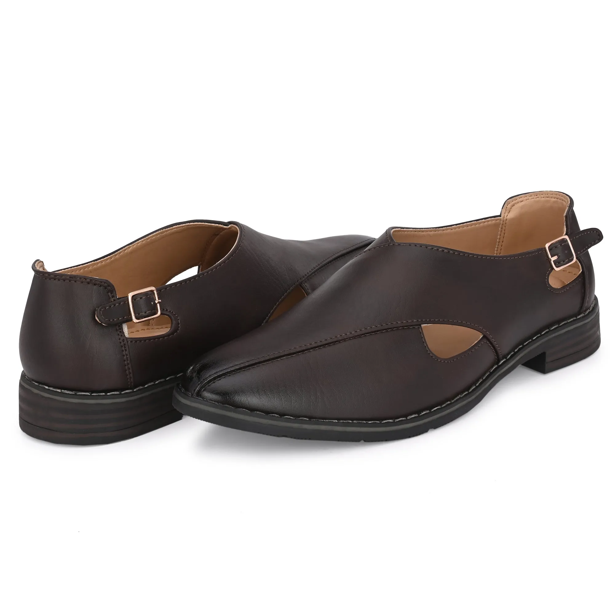 Attitudist Unisex Handcrafted Criss Cross Matte Brown Formal Loafer Peshawari Shoes With A Buckle