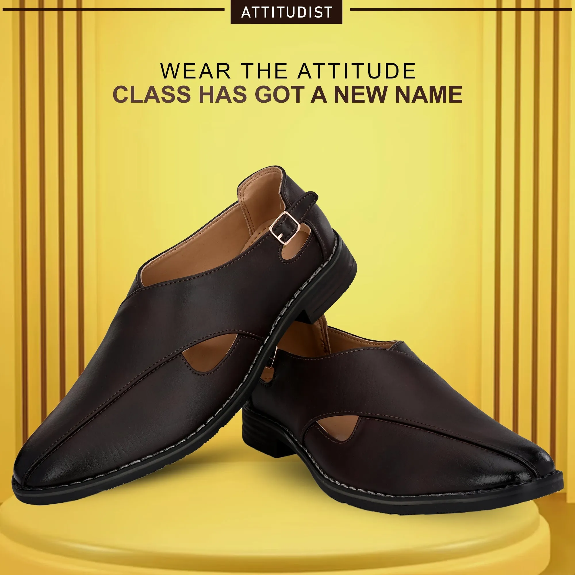 Attitudist Unisex Handcrafted Criss Cross Matte Brown Formal Loafer Peshawari Shoes With A Buckle