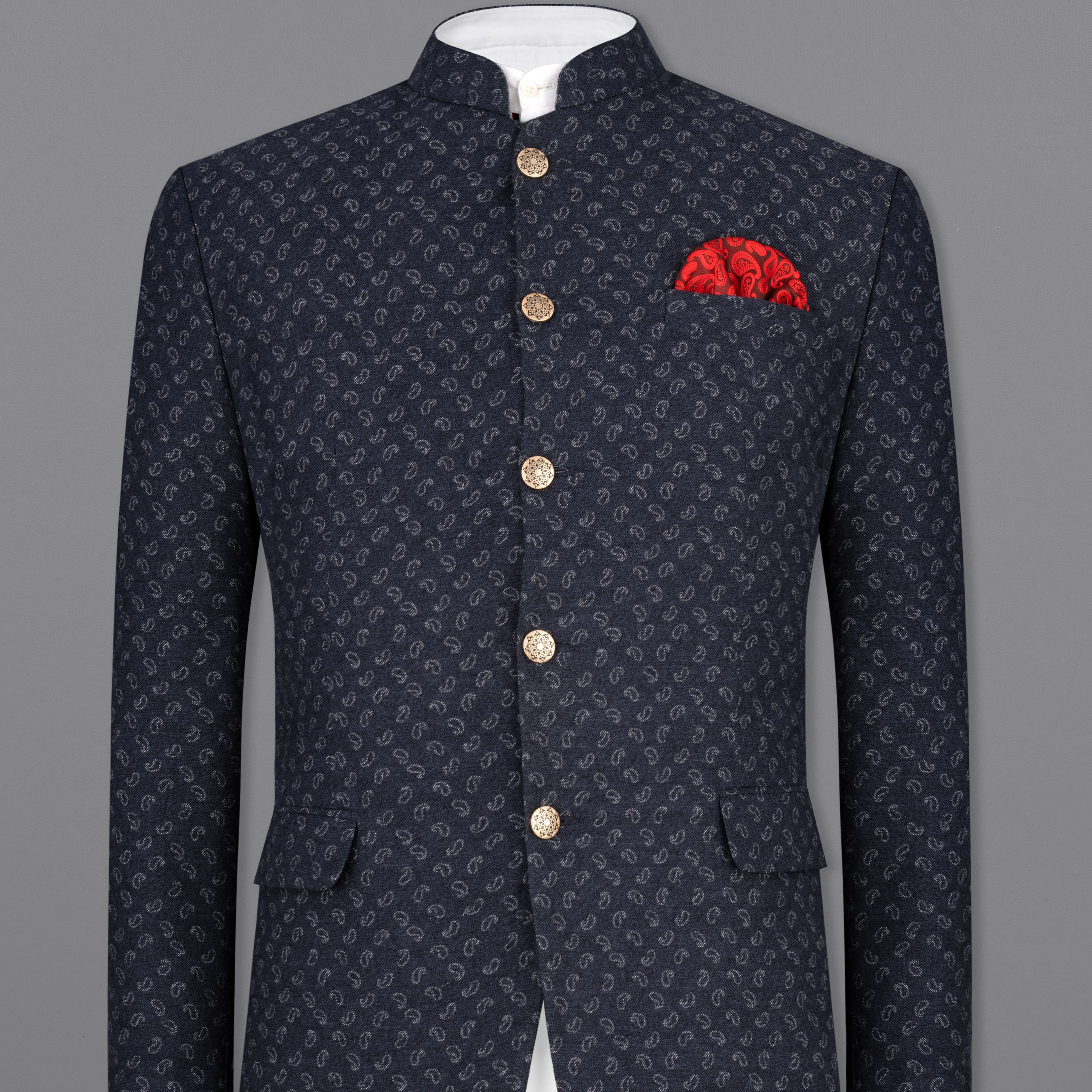 Baltic Sea Navy Blue Paisley Textured Flannel Premium Cotton Bandhgala Designer Blazer - Enhance description for English readability.