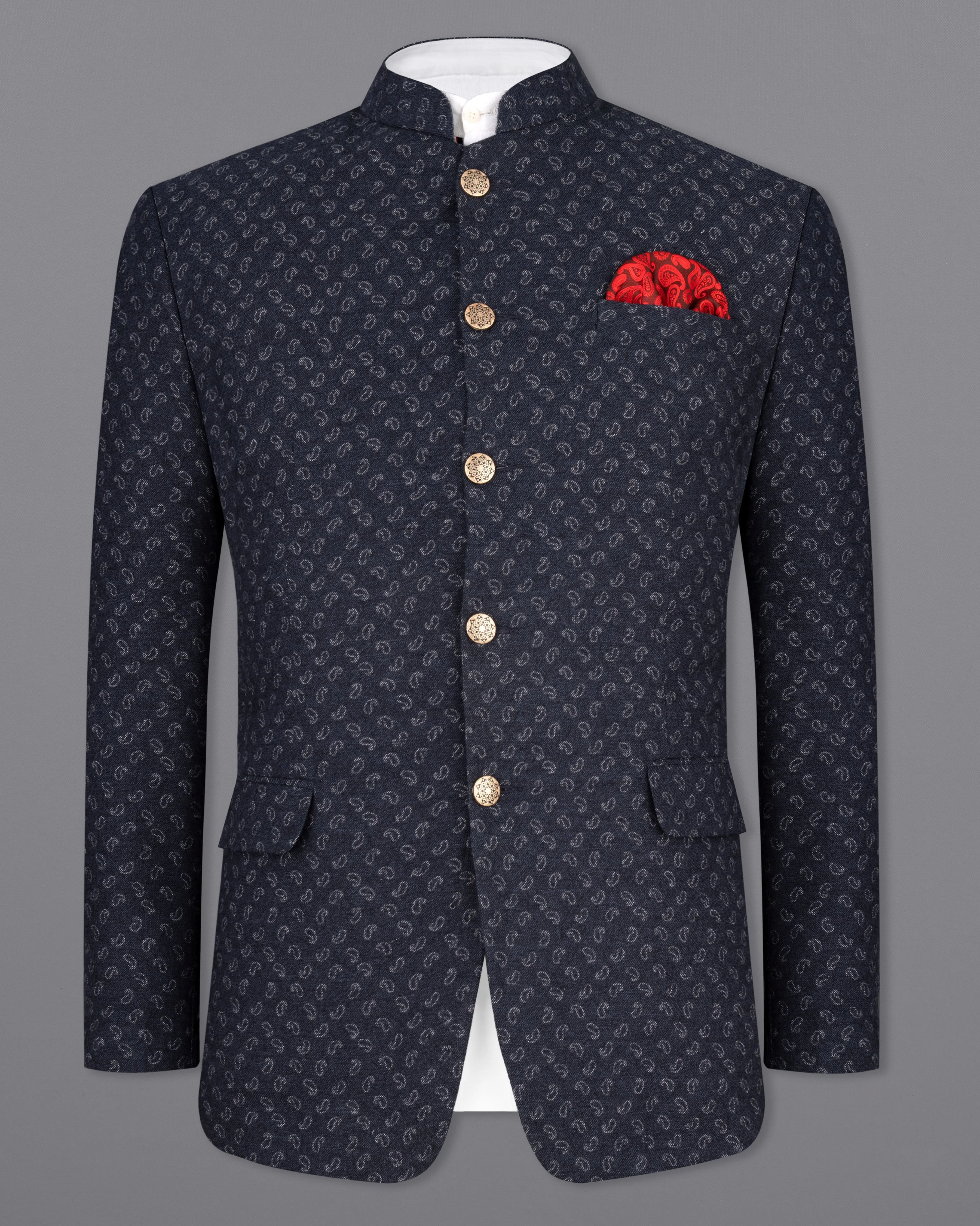 Baltic Sea Navy Blue Paisley Textured Flannel Premium Cotton Bandhgala Designer Blazer - Enhance description for English readability.