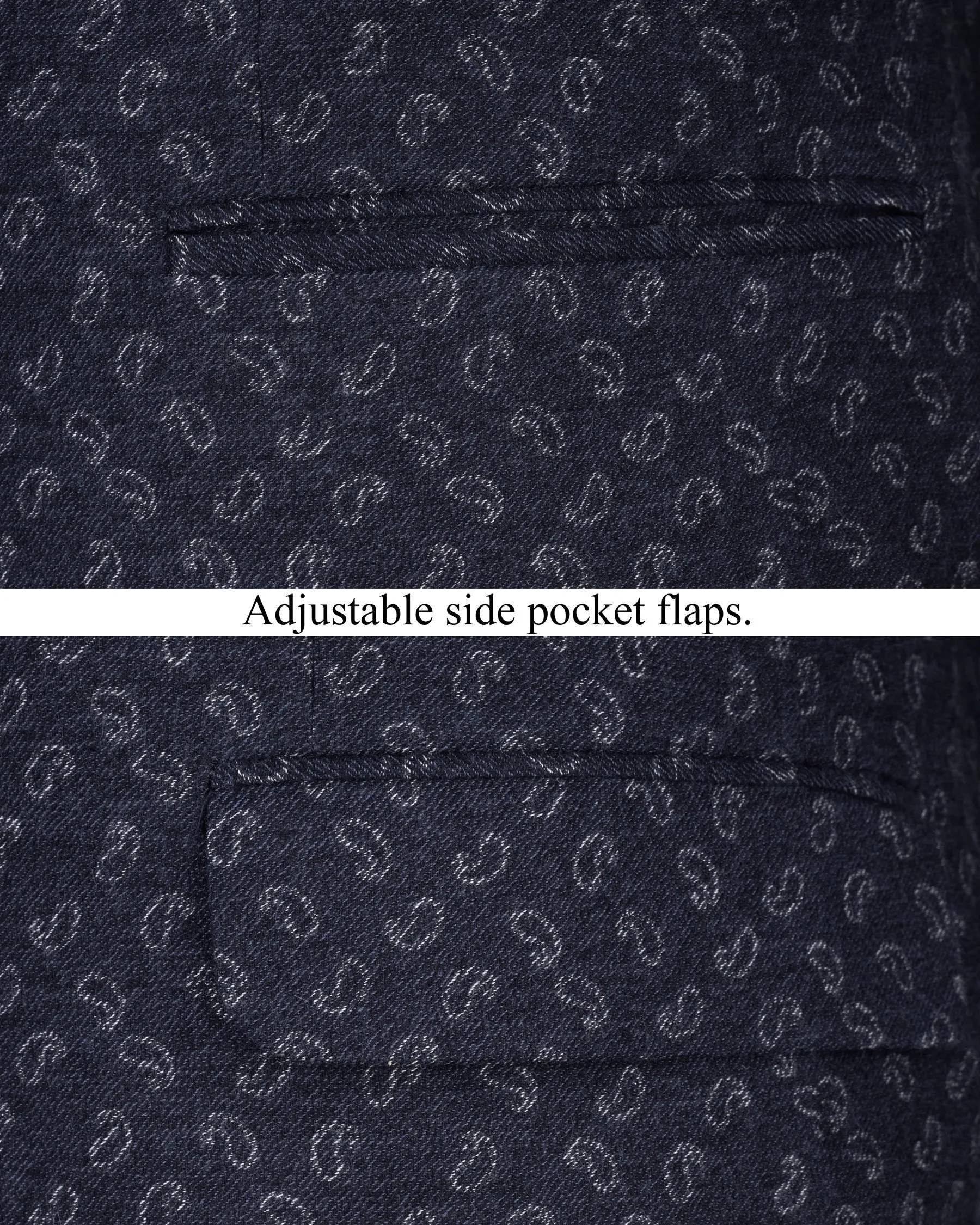 Baltic Sea Navy Blue Paisley Textured Flannel Premium Cotton Bandhgala Designer Blazer - Enhance description for English readability.