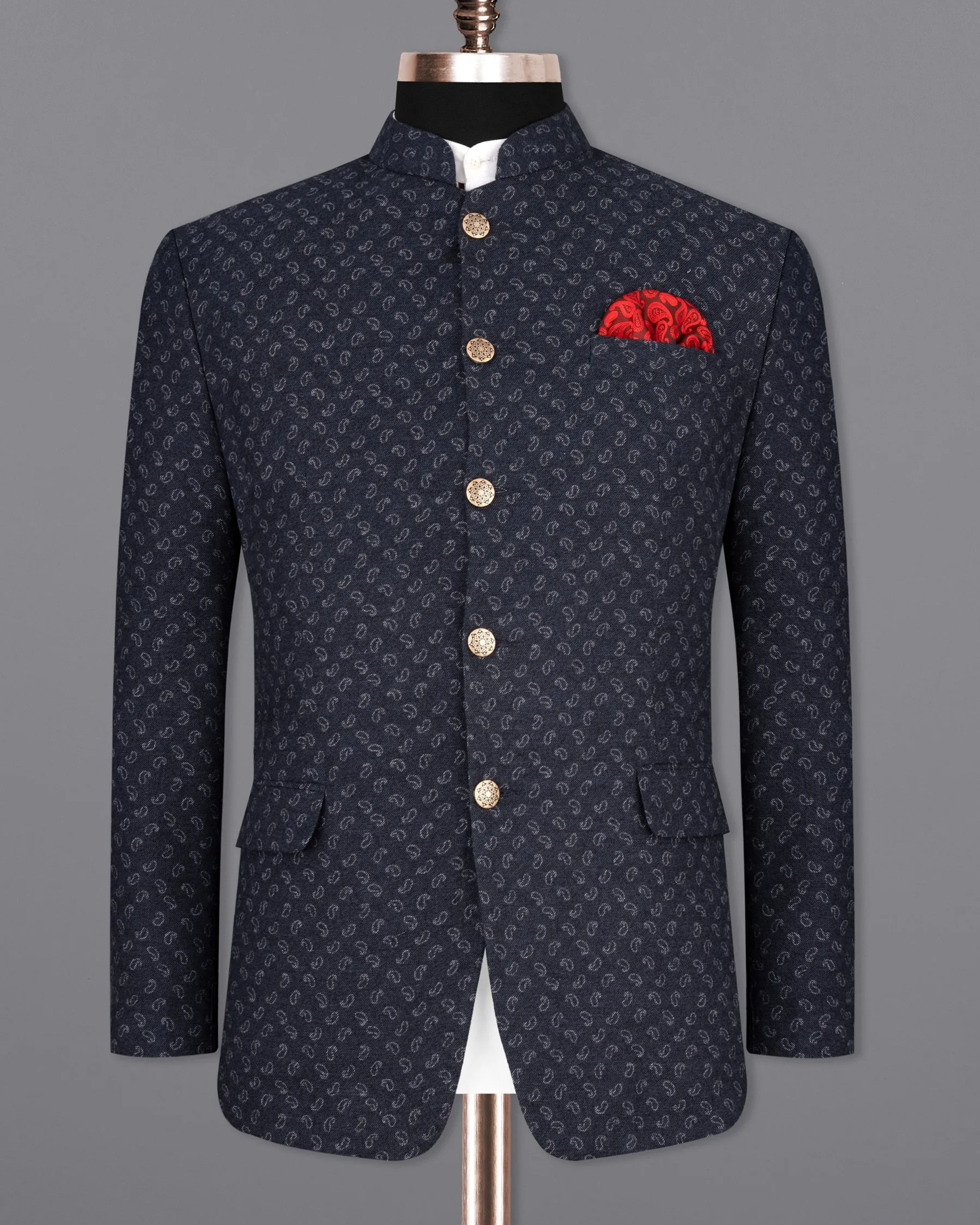 Baltic Sea Navy Blue Paisley Textured Flannel Premium Cotton Bandhgala Designer Blazer - Enhance description for English readability.