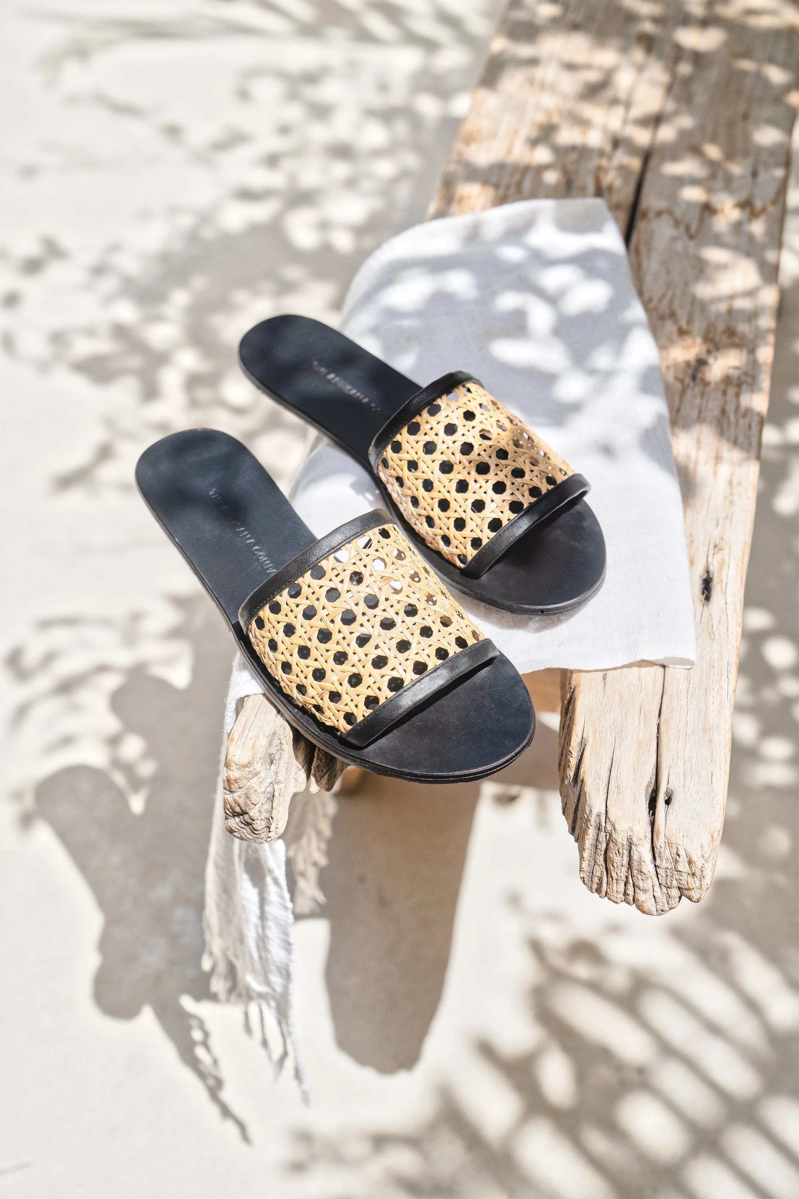 Black Genuine Leather Rattan Cane Webbing Slide