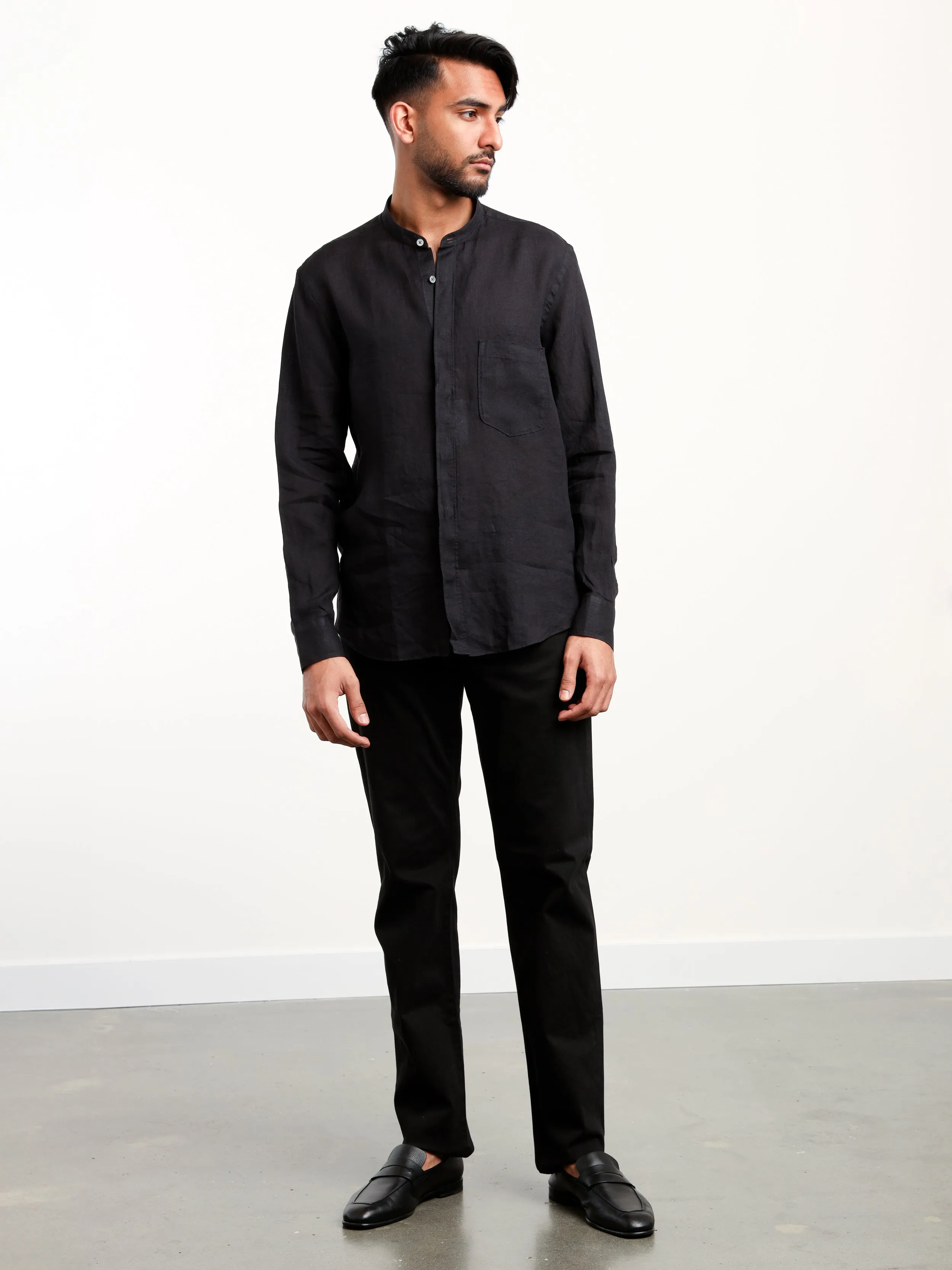 Black Linen Dress Shirt with Band Collar