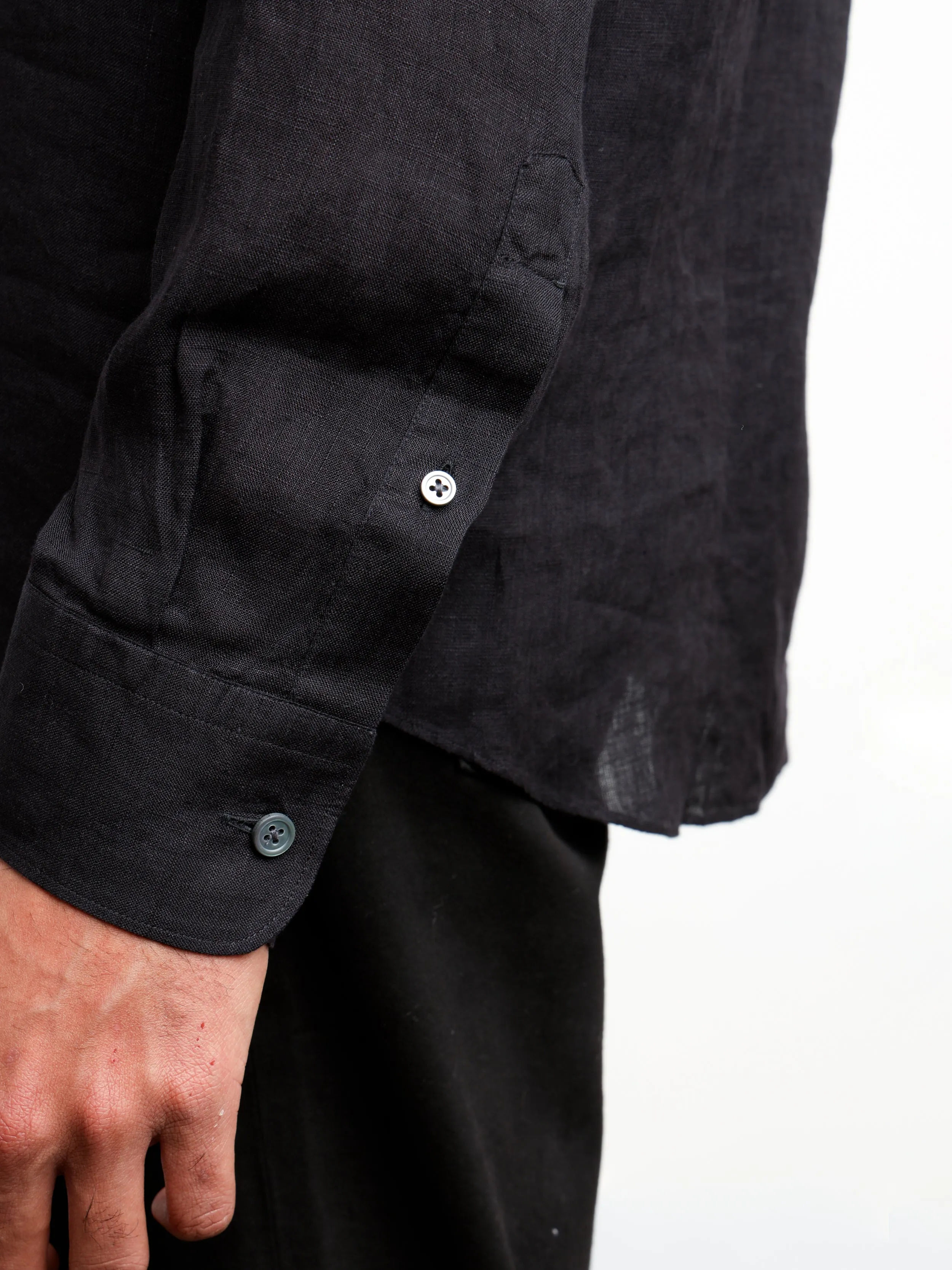 Black Linen Dress Shirt with Band Collar