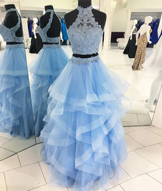 Blue two pieces tulle lace long prom dress, blue evening dress