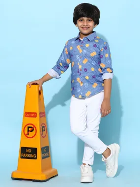 Boys Navy Blue Rayon Printed Regular Fit Shirt