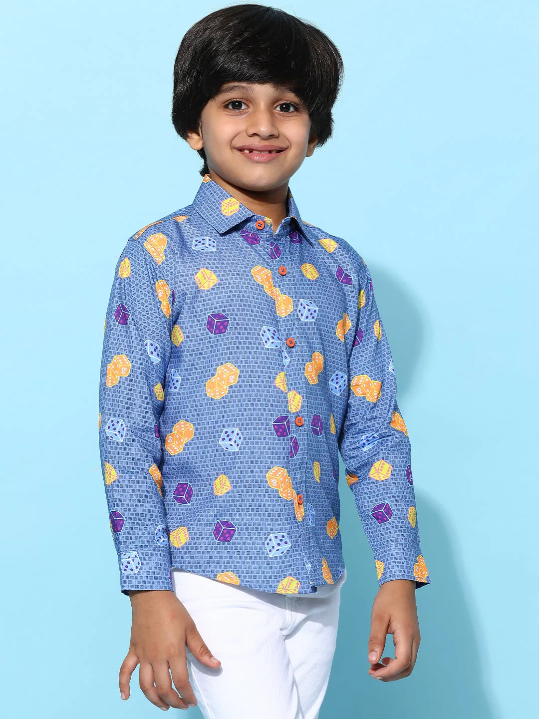 Boys Navy Blue Rayon Printed Regular Fit Shirt