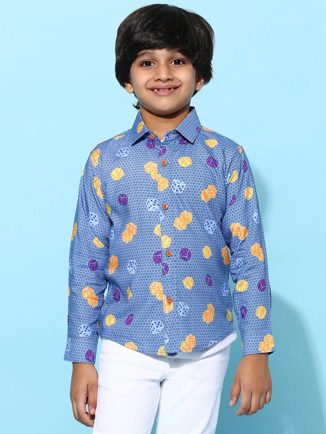 Boys Navy Blue Rayon Printed Regular Fit Shirt