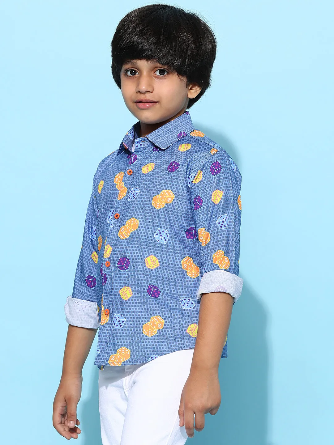 Boys Navy Blue Rayon Printed Regular Fit Shirt