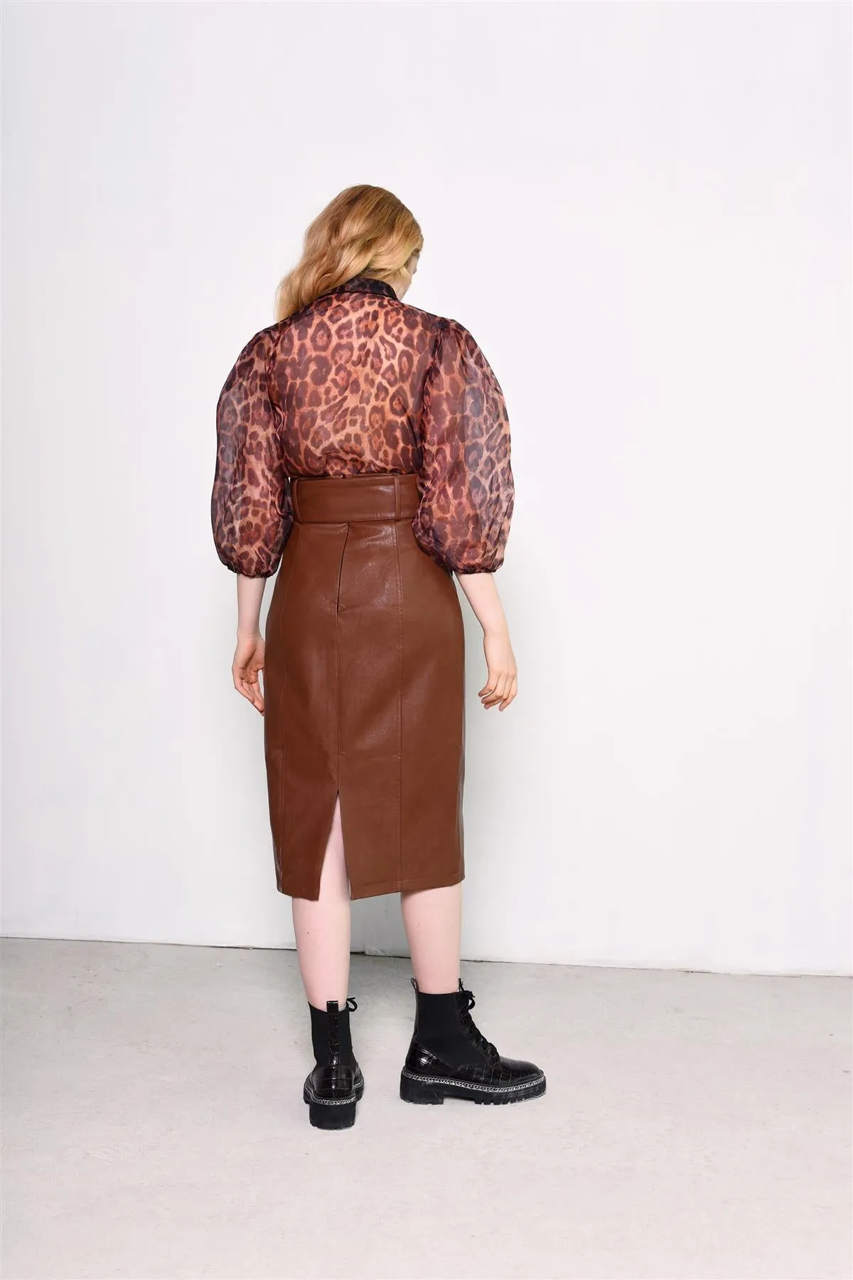 Brown-Pu Belted Midi-Skirt