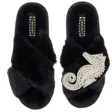 Classic Laines Slippers with Silver Seahorse Brooch in Black