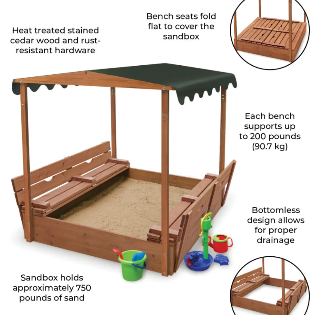 Covered Convertible Cedar Sandbox with Canopy and Two Bench Seats