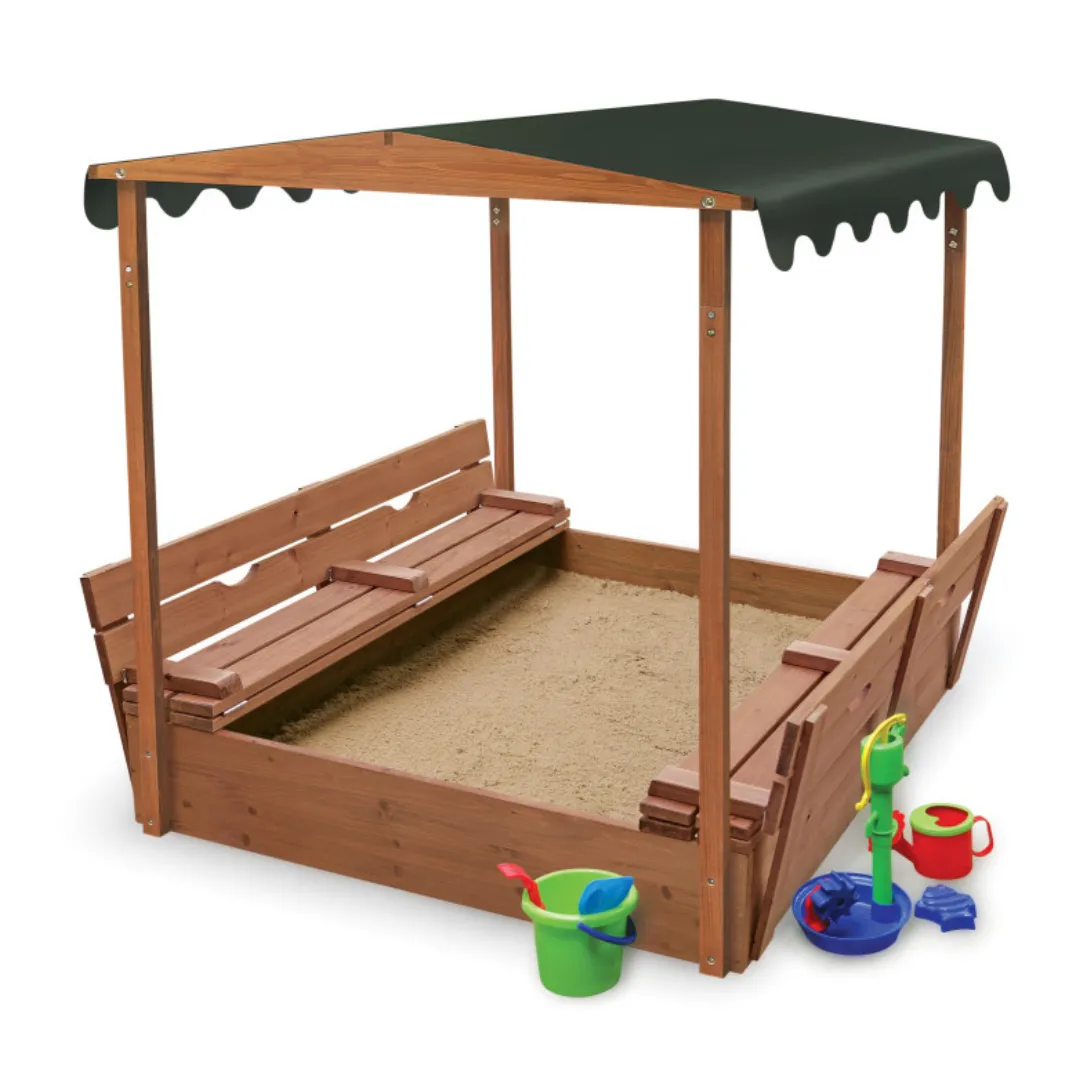 Covered Convertible Cedar Sandbox with Canopy and Two Bench Seats