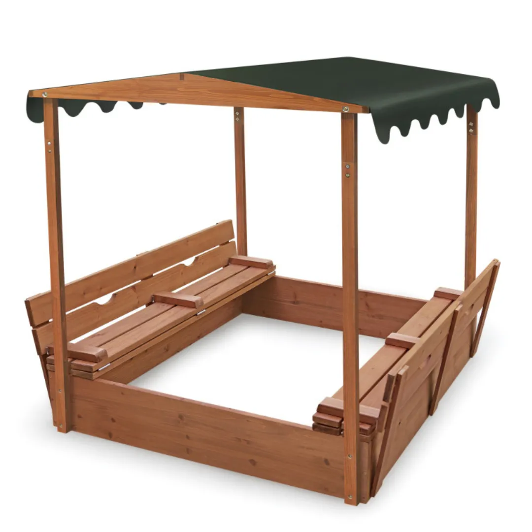 Covered Convertible Cedar Sandbox with Canopy and Two Bench Seats