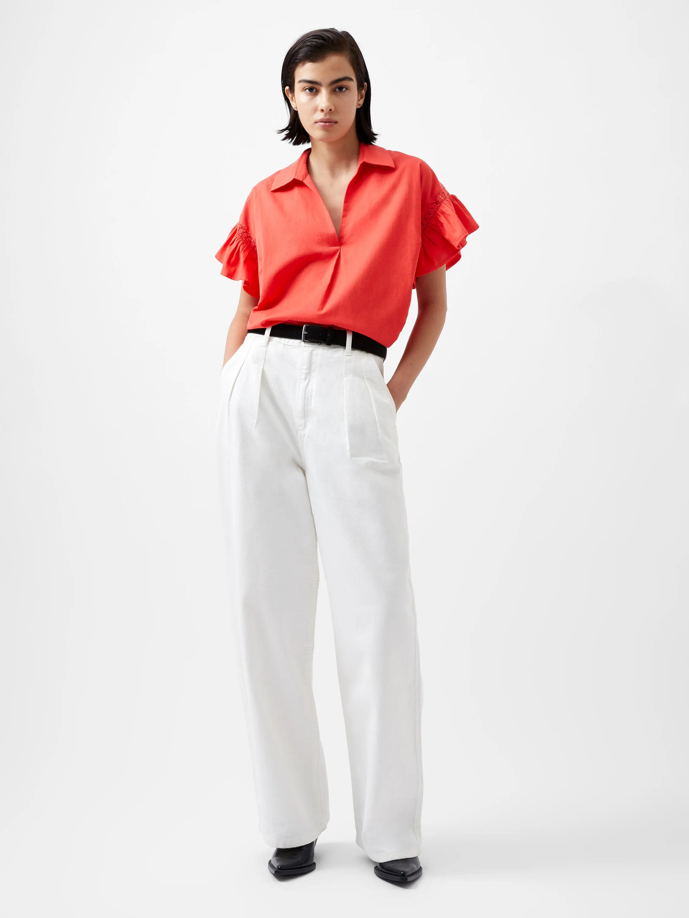 French Connection Sindey Cotton V Neck Shirt-Cayenne Red-72XDM