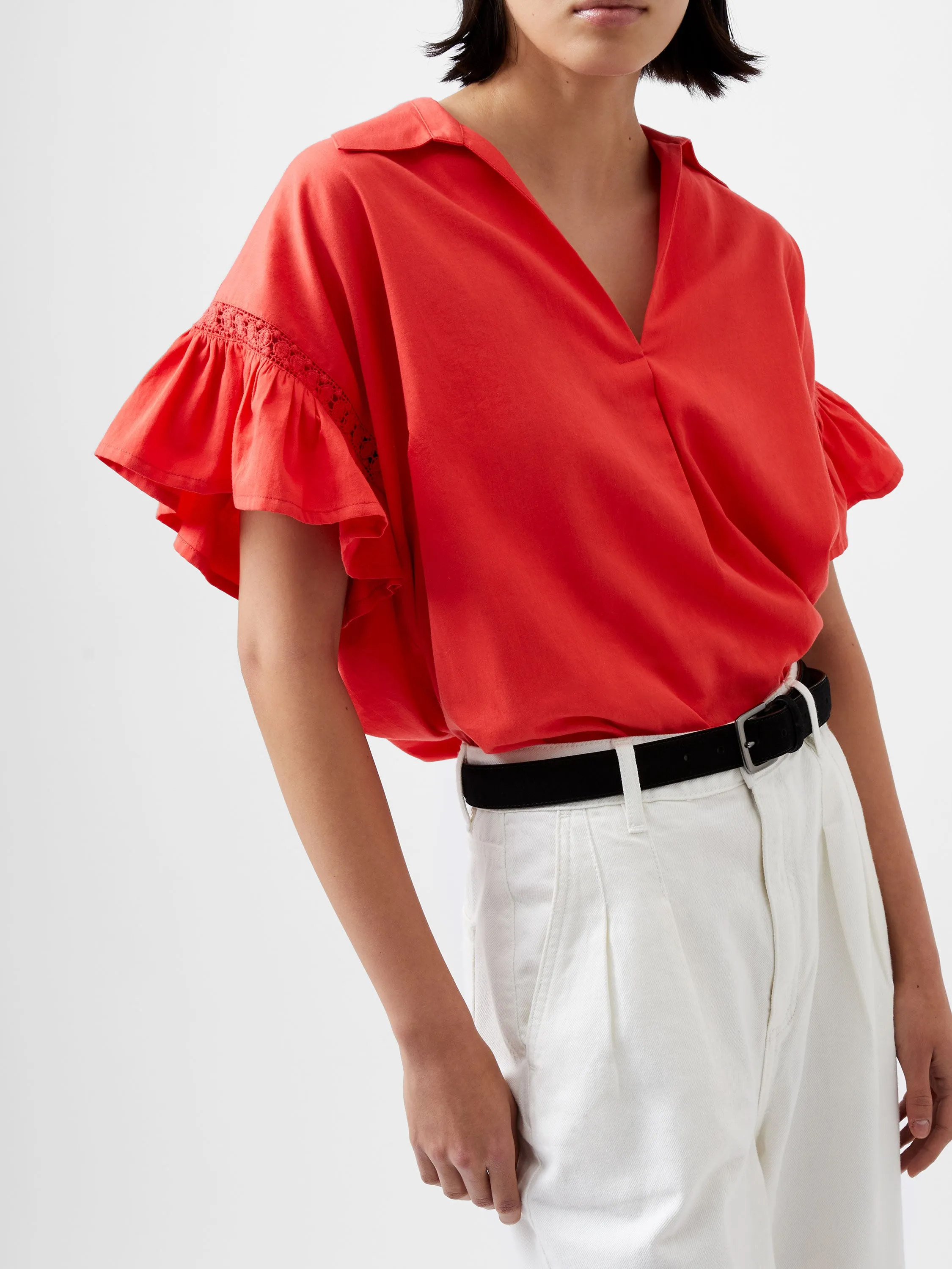 French Connection Sindey Cotton V Neck Shirt-Cayenne Red-72XDM