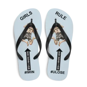 GIRLS RULE flip flops with CRUSHED TINY MAN underfoot light gray fabric NEW (2020-05-10)