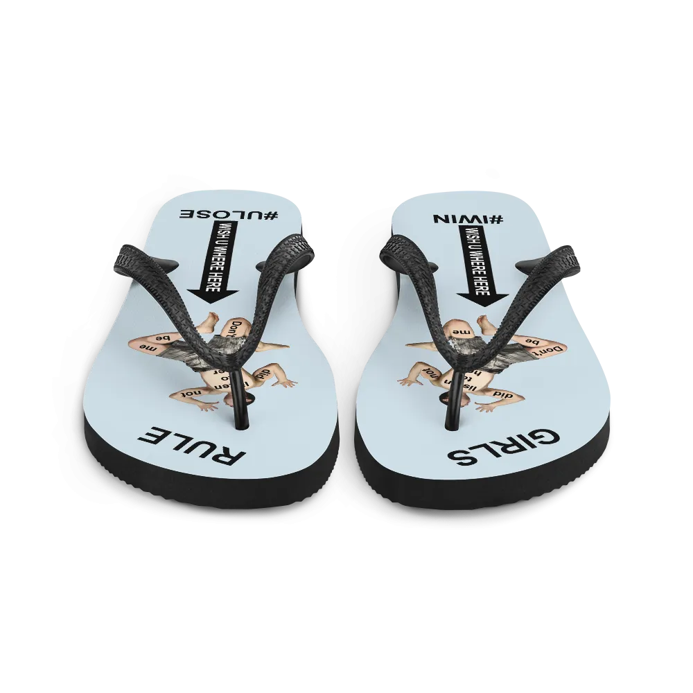 GIRLS RULE flip flops with CRUSHED TINY MAN underfoot light gray fabric NEW (2020-05-10)