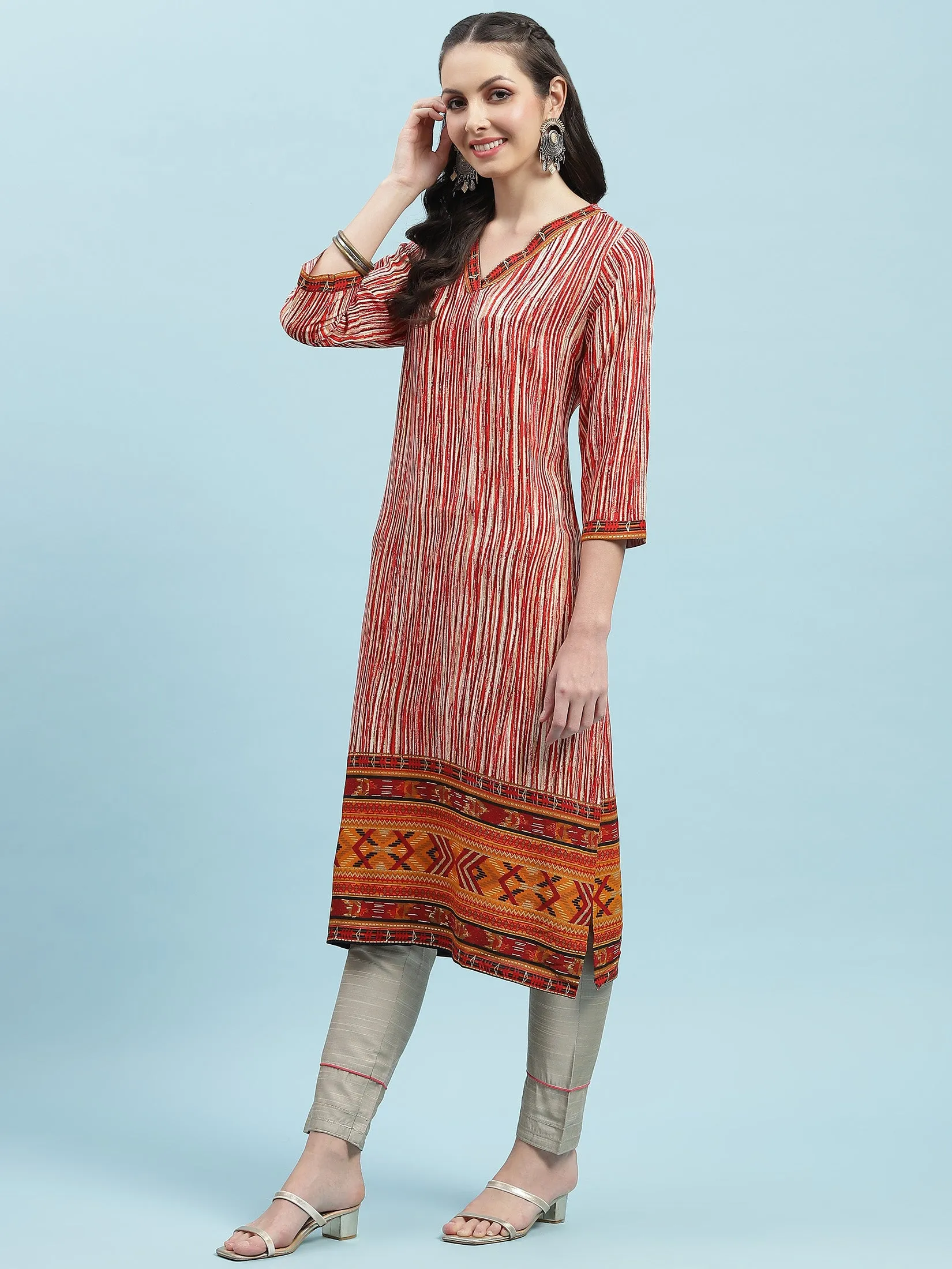 Indiessence Red Stripe Printed Kurta