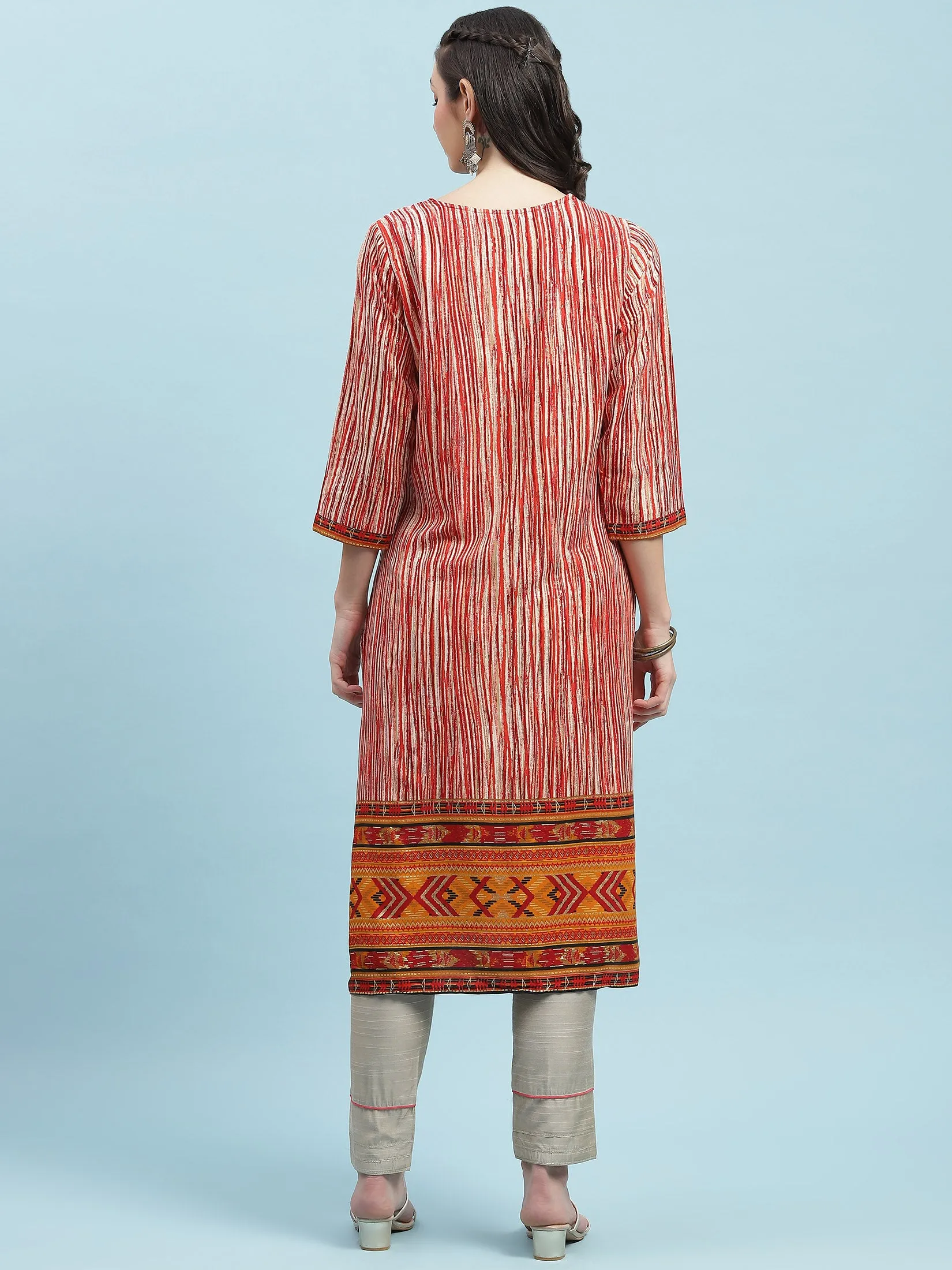 Indiessence Red Stripe Printed Kurta