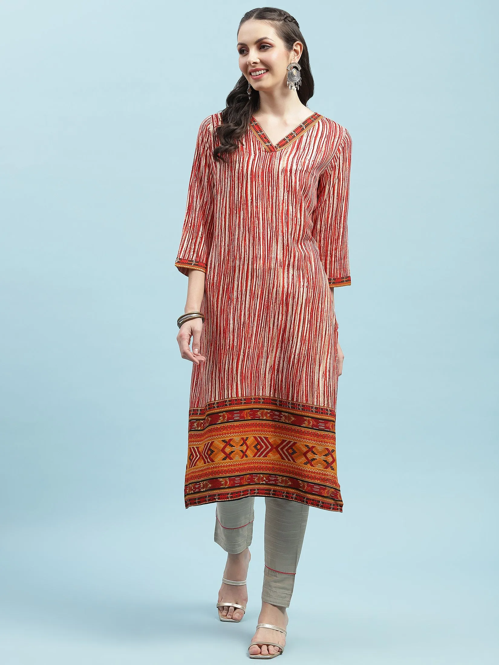 Indiessence Red Stripe Printed Kurta