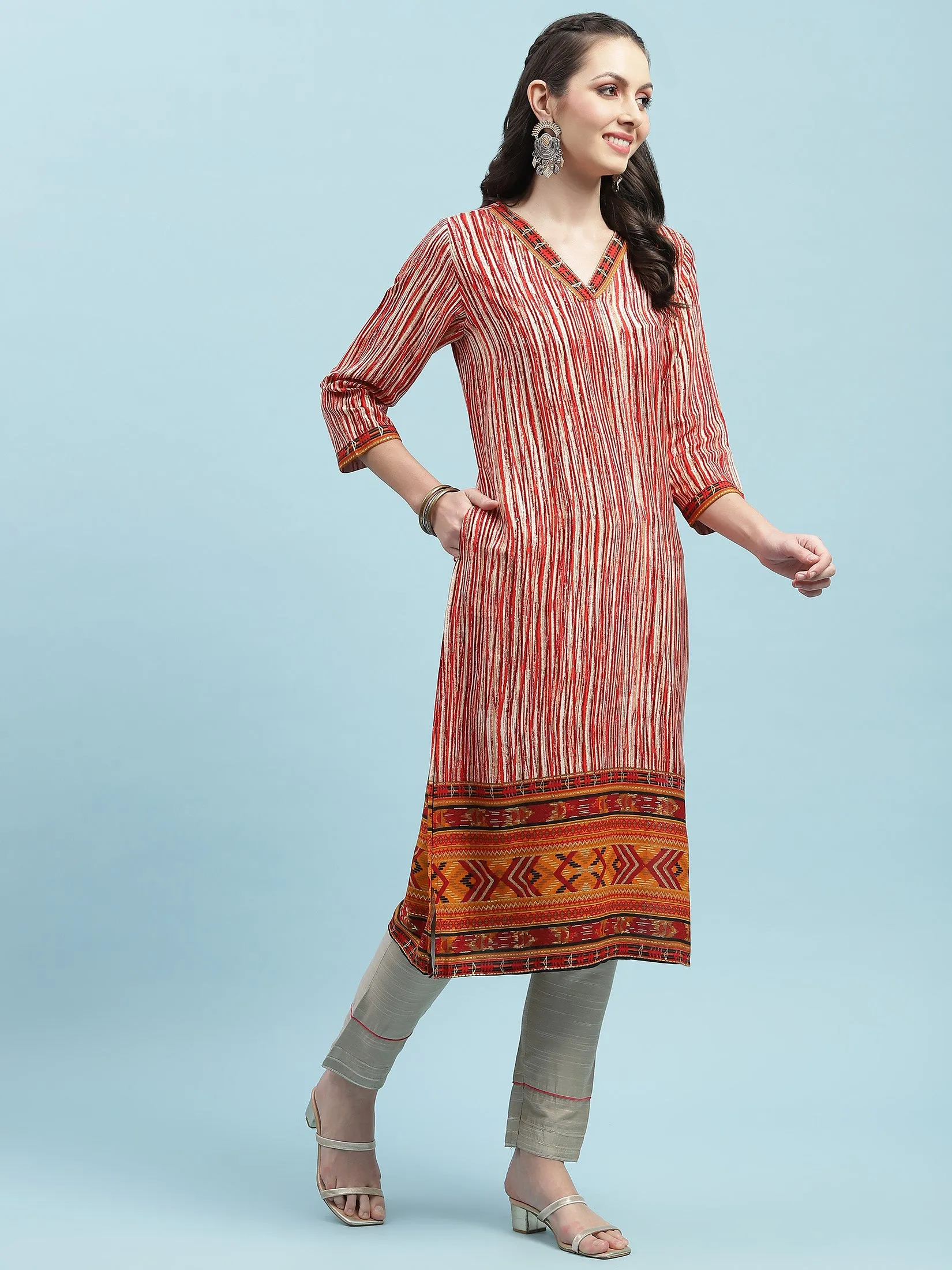 Indiessence Red Stripe Printed Kurta