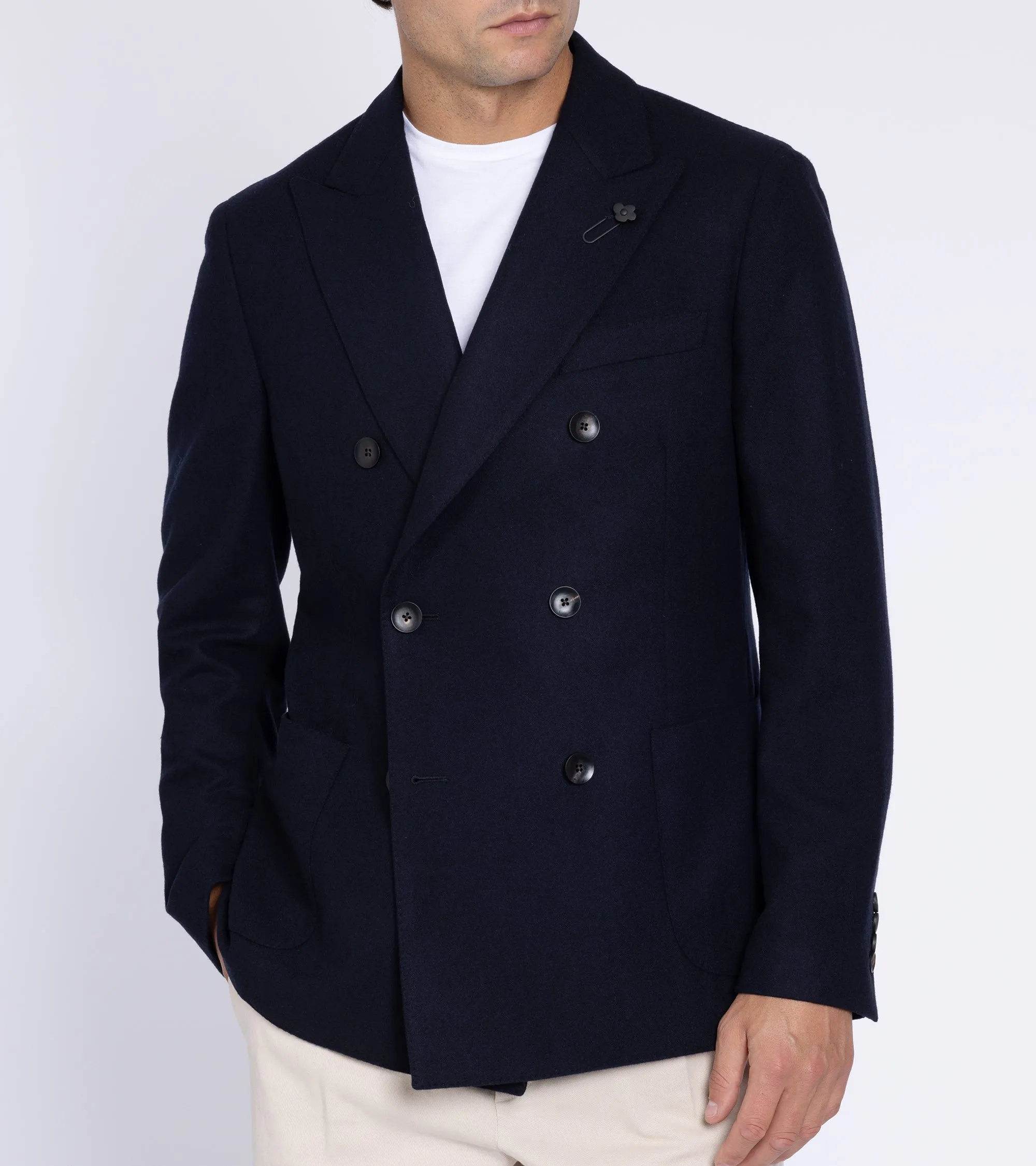 Lardini Wool Cashmere Flannel Double Breasted Jacket: Navy