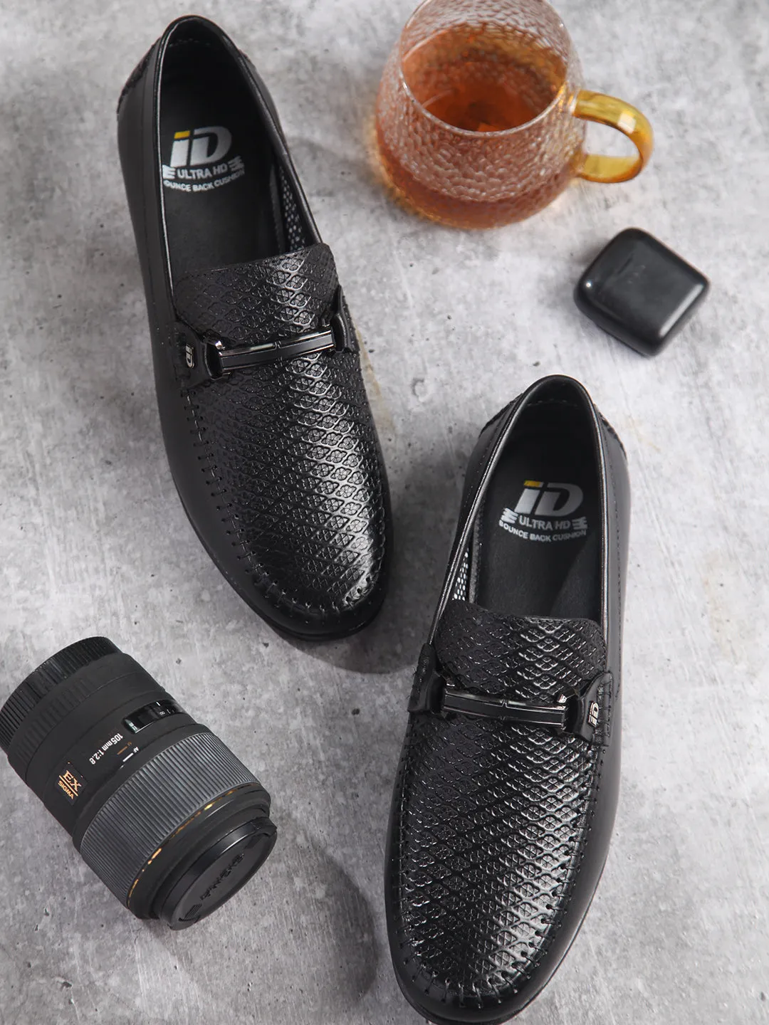 Men's Black Textured Round Toe Slip On (ID1160)