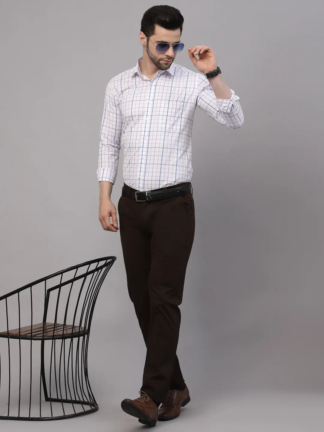 Style Quotient Men White And Lilac  Checks Yarn Dyed PolyCotton Regular Formal Shirt