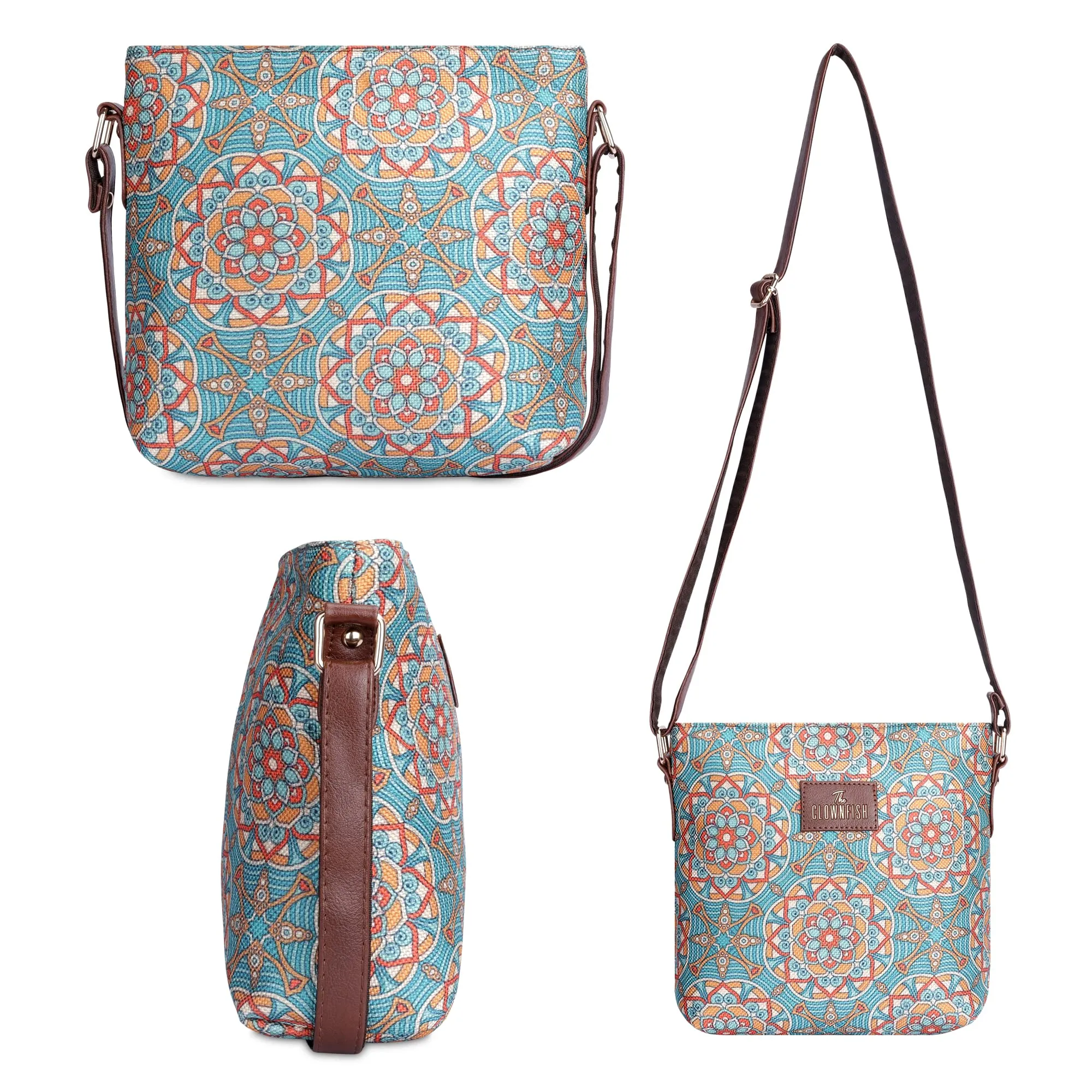 THE CLOWNFISH Aahna Printed Handicraft Fabric Crossbody Sling bag for Women Casual Party Bag Purse with Adjustable Shoulder Strap for Ladies College Girls (Light Green-Geometric Design)