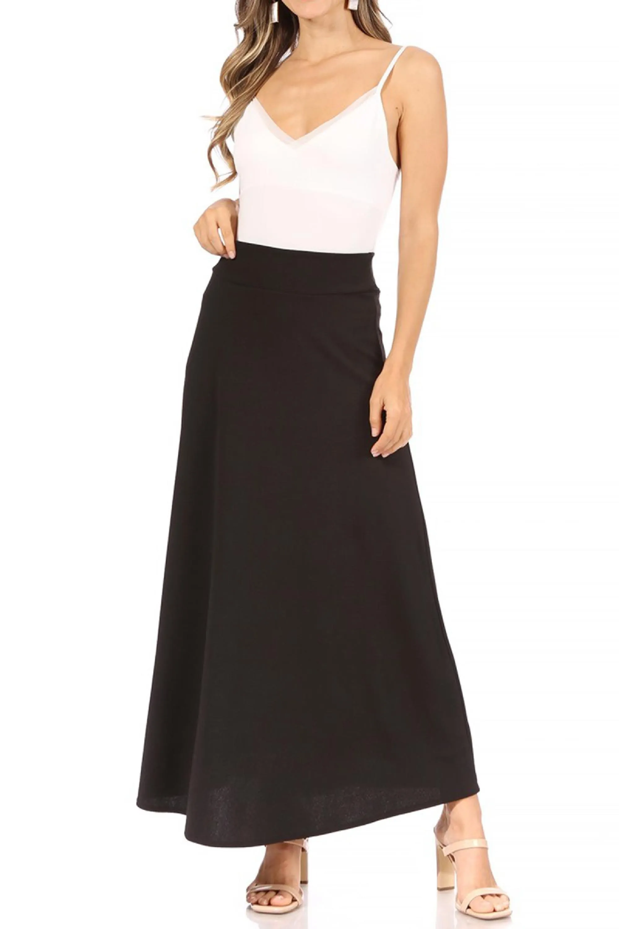 Women's Casual Solid High Waisted Flare A-line Midi Skirt with Elastic Waistband