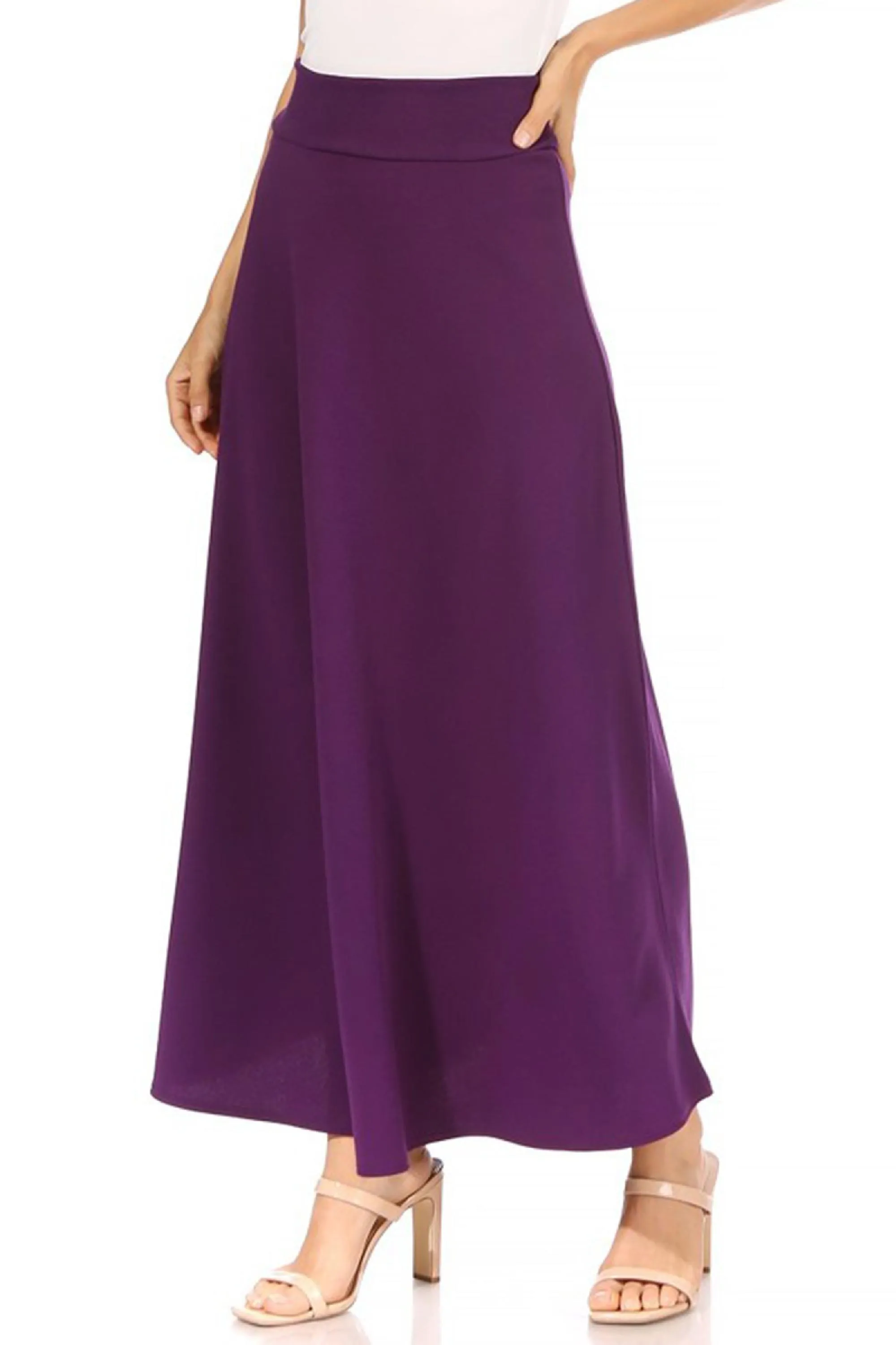 Women's Casual Solid High Waisted Flare A-line Midi Skirt with Elastic Waistband