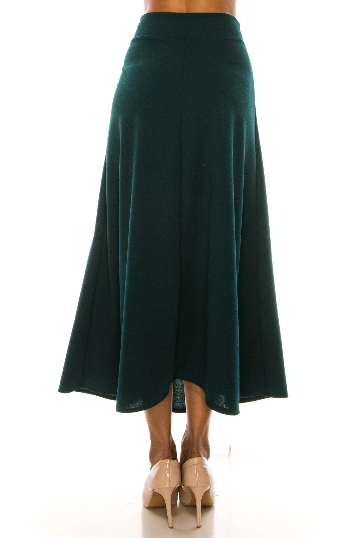 Women's Casual Solid High Waisted Flare A-line Midi Skirt with Elastic Waistband