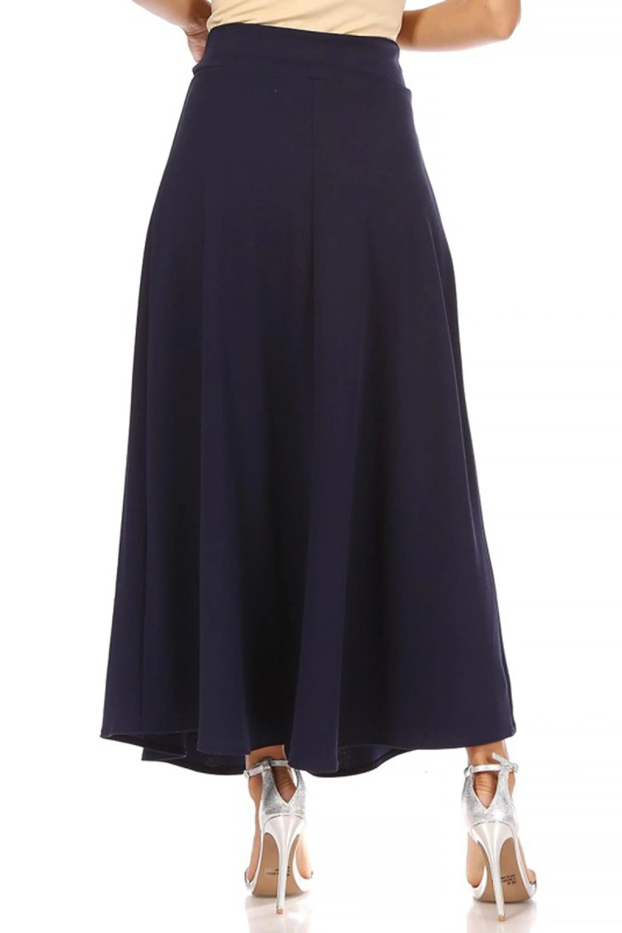 Women's Casual Solid High Waisted Flare A-line Midi Skirt with Elastic Waistband