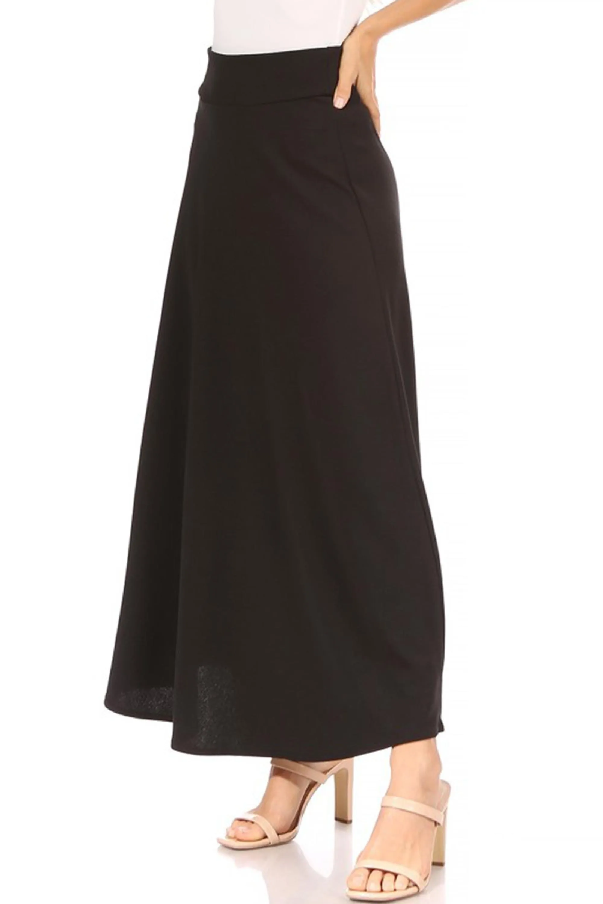 Women's Casual Solid High Waisted Flare A-line Midi Skirt with Elastic Waistband