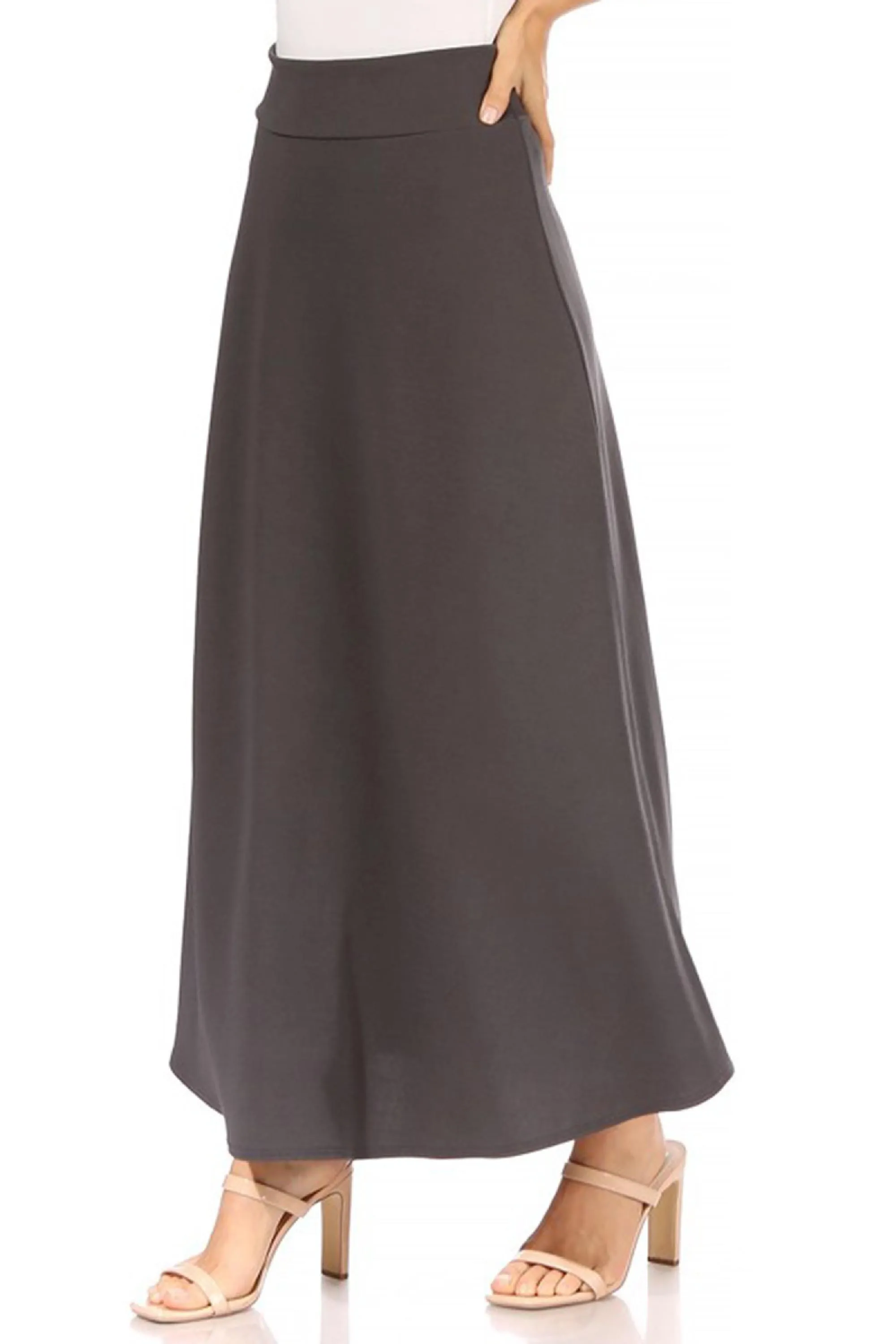 Women's Casual Solid High Waisted Flare A-line Midi Skirt with Elastic Waistband