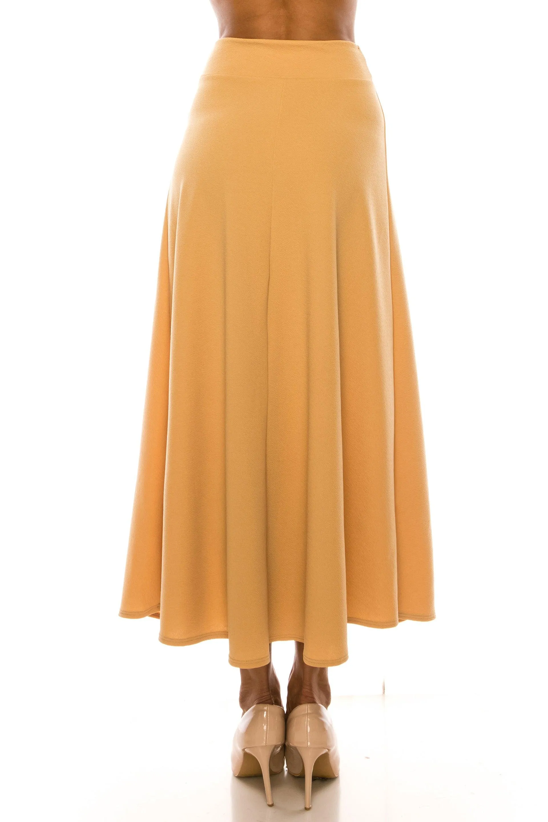 Women's Casual Solid High Waisted Flare A-line Midi Skirt with Elastic Waistband