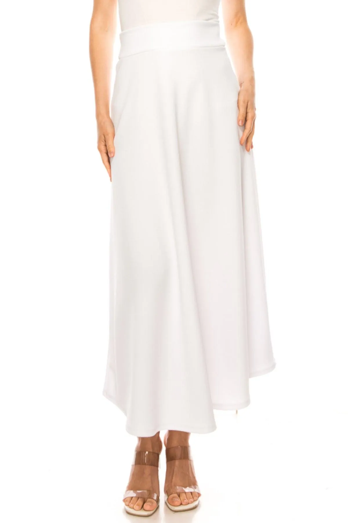 Women's Casual Solid High Waisted Flare A-line Midi Skirt with Elastic Waistband