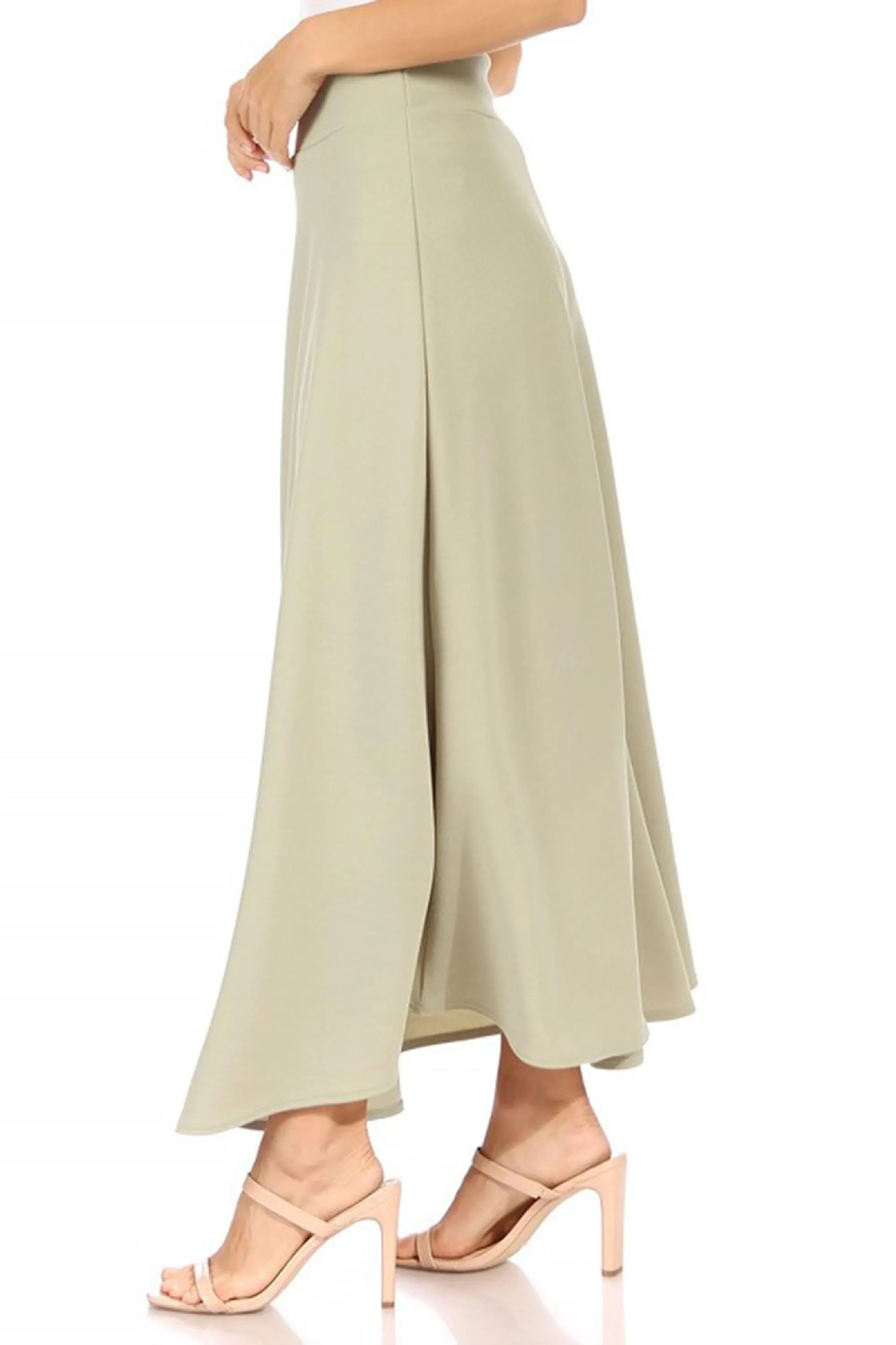 Women's Casual Solid High Waisted Flare A-line Midi Skirt with Elastic Waistband